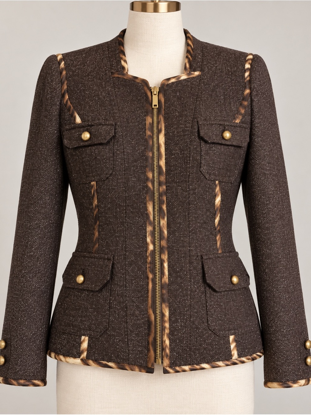 Vintage Caché Y2K Brown Metallic Wool blended Jacket Leopard Trim NWT Size 10